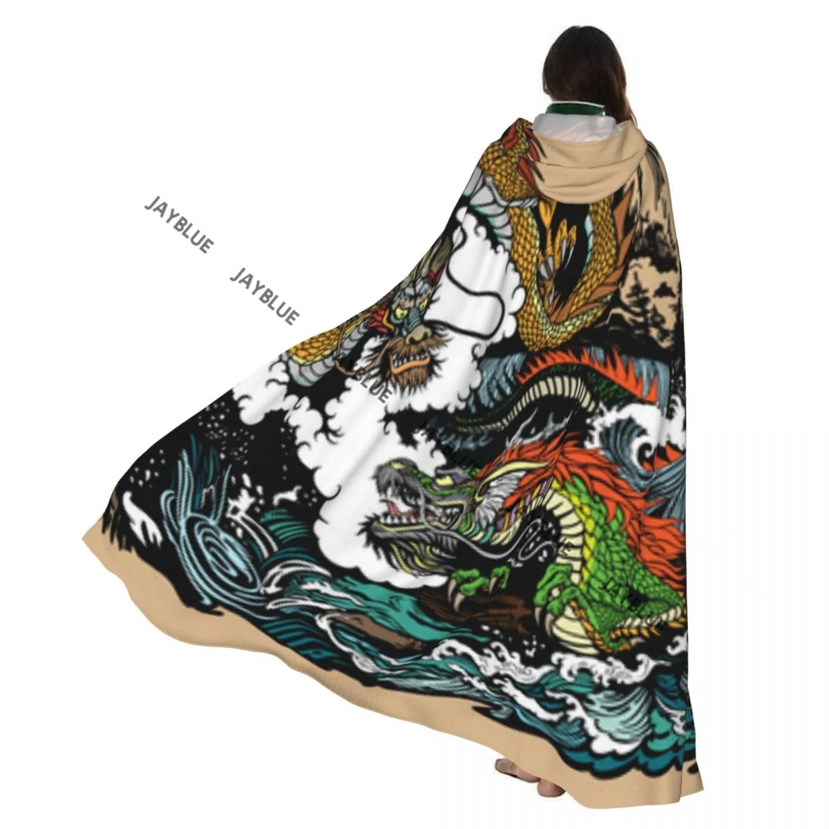 

Двусторонний плащ унисекс с капюшоном для взрослых вампиров, накидка, драконы в пейзаже с водопадами, горы, облака