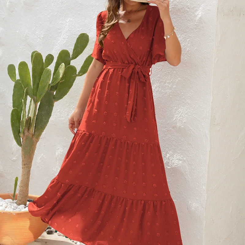 Vestido largo elegante de verano para mujer, vestido Sexy de manga corta para noche y playa, Vestidos largos informales lisos con cuello en V