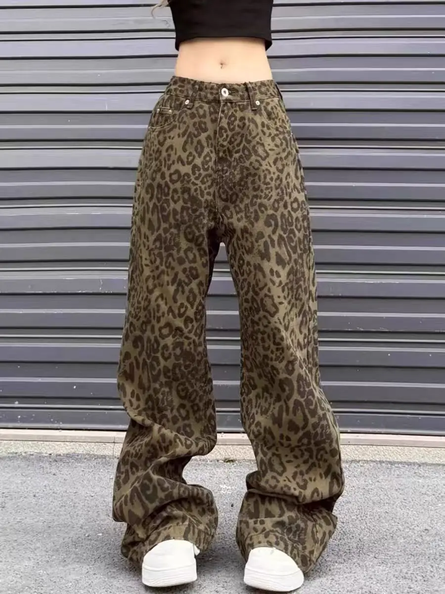 Frauen Denim Hosen Herbst Frühling Leopard Print Breite Bein Jeans Vintage-Mode Weibliche Hohe Taille Beiläufige Gerade Jeans Hosen