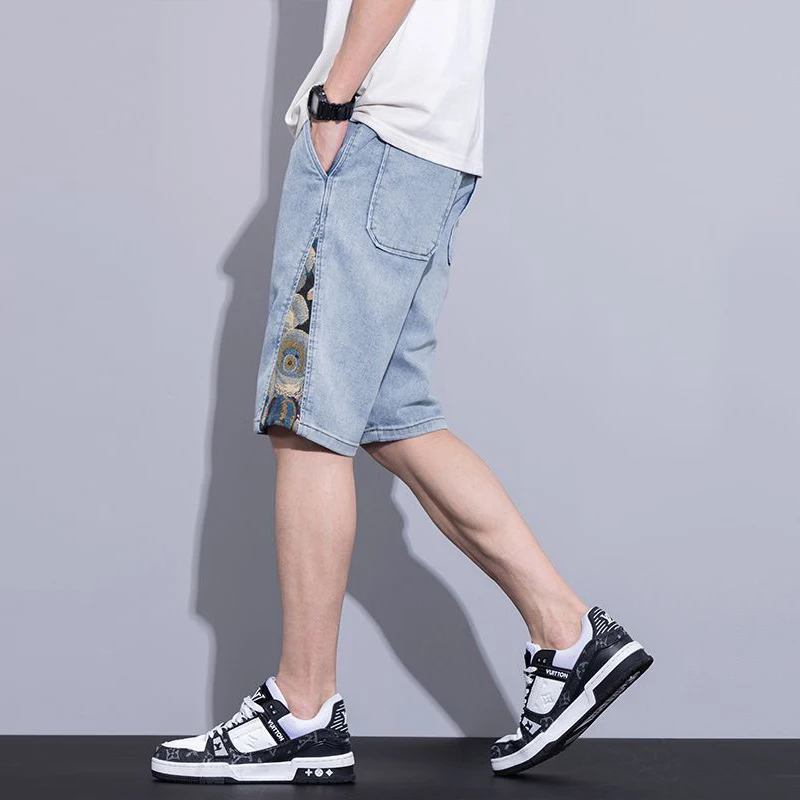 2025 新アイスシルク薄型スタイルデニムショーツ男性ストレートファッションカジュアル高品質ジーンズ男性ハイストリートレトロブルーショートパンツ