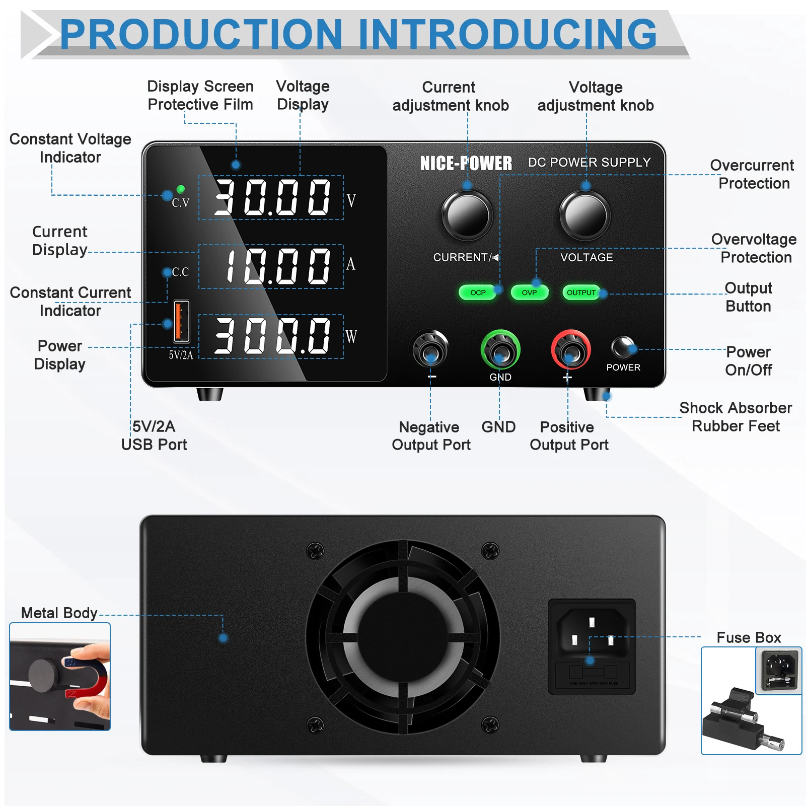 Nice-Power 30V 10A Lab Power Supply With Overcurrent/Overvoltage Detection Alarm Function, Regulated Adjustable DC Power Supply