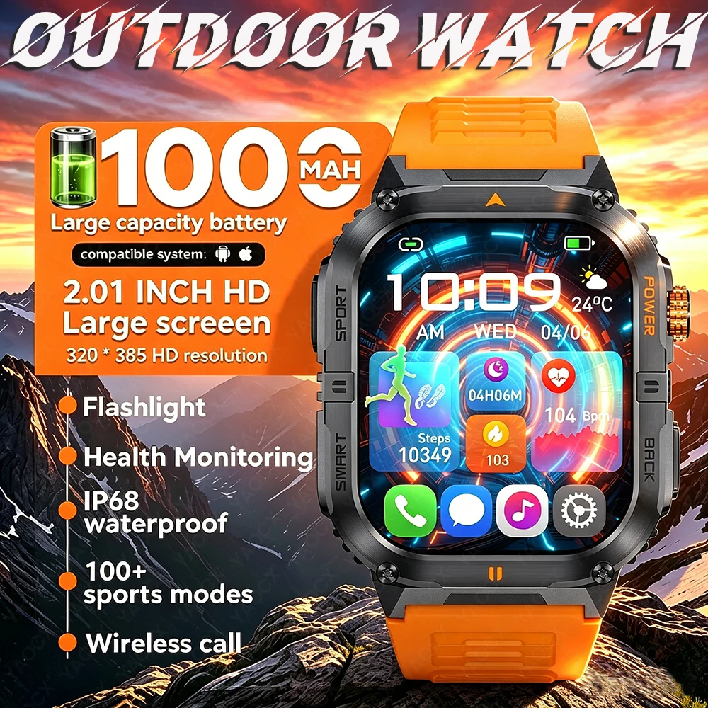 

2026 New 1000mAh Battery Smart Watch Men 2.0-inch HD Screen LED Flashlight BT Call 100+ Sports Health Monitor Women Smartwatch