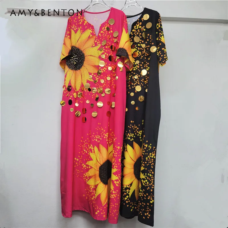 

2025 New Special Design Vestidos Women's Loose Sunflower Print Sequin Fashion Slimming Vacation Style Long Dress Kawaii Clothes