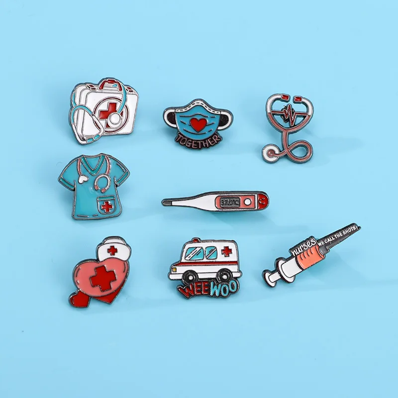 Doctor Nurse Supplies Enamel Brooches Needle Respirator Thermometer Stethoscope Ambulance Medical Kit Cloth Hat Shaped Pins
