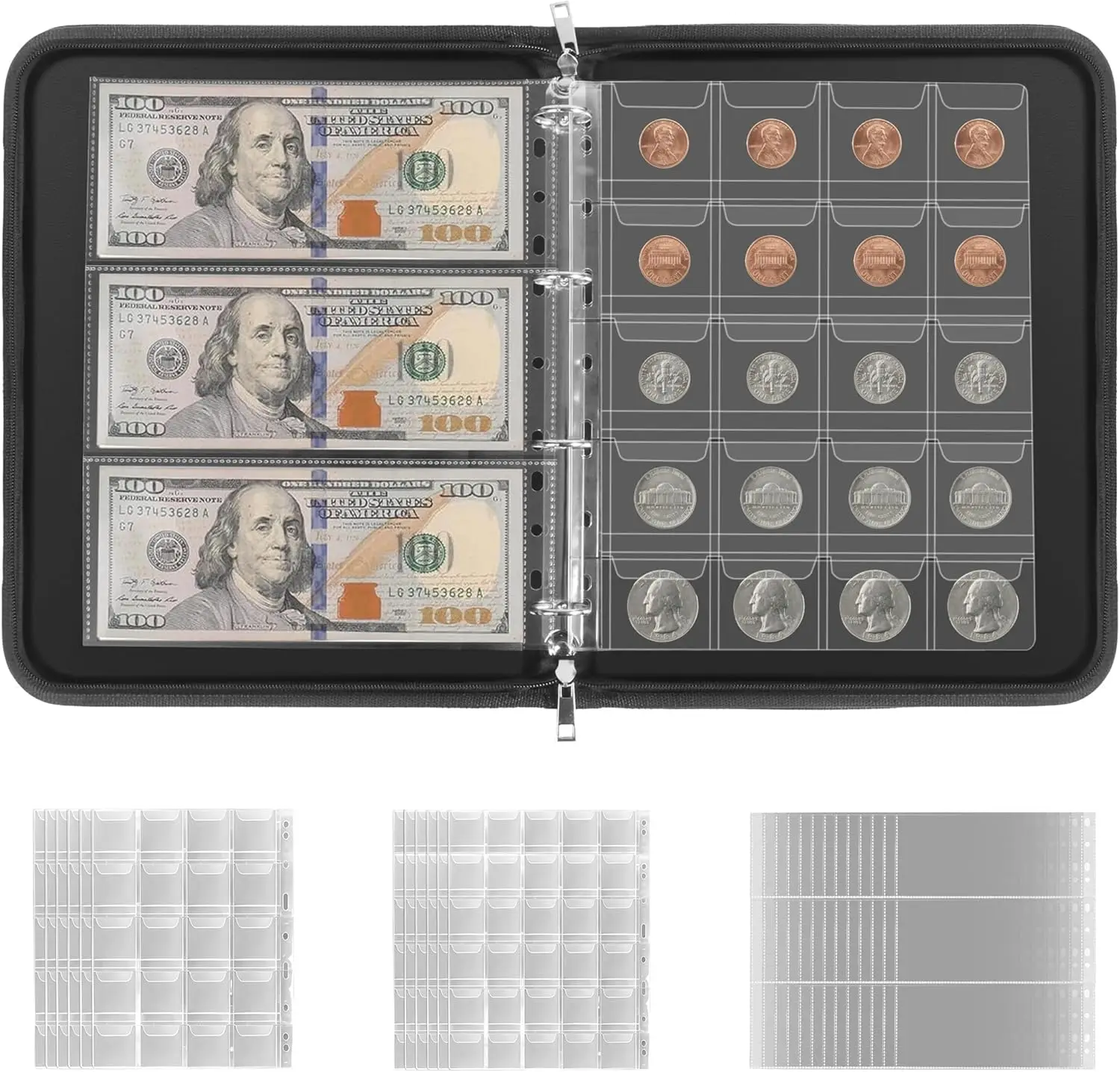 

Coin Collection Book, Coin Holders for Collectors, 300 Pockets Fireproof Coins Album and 36 Paper Currency Binder Sleeves
