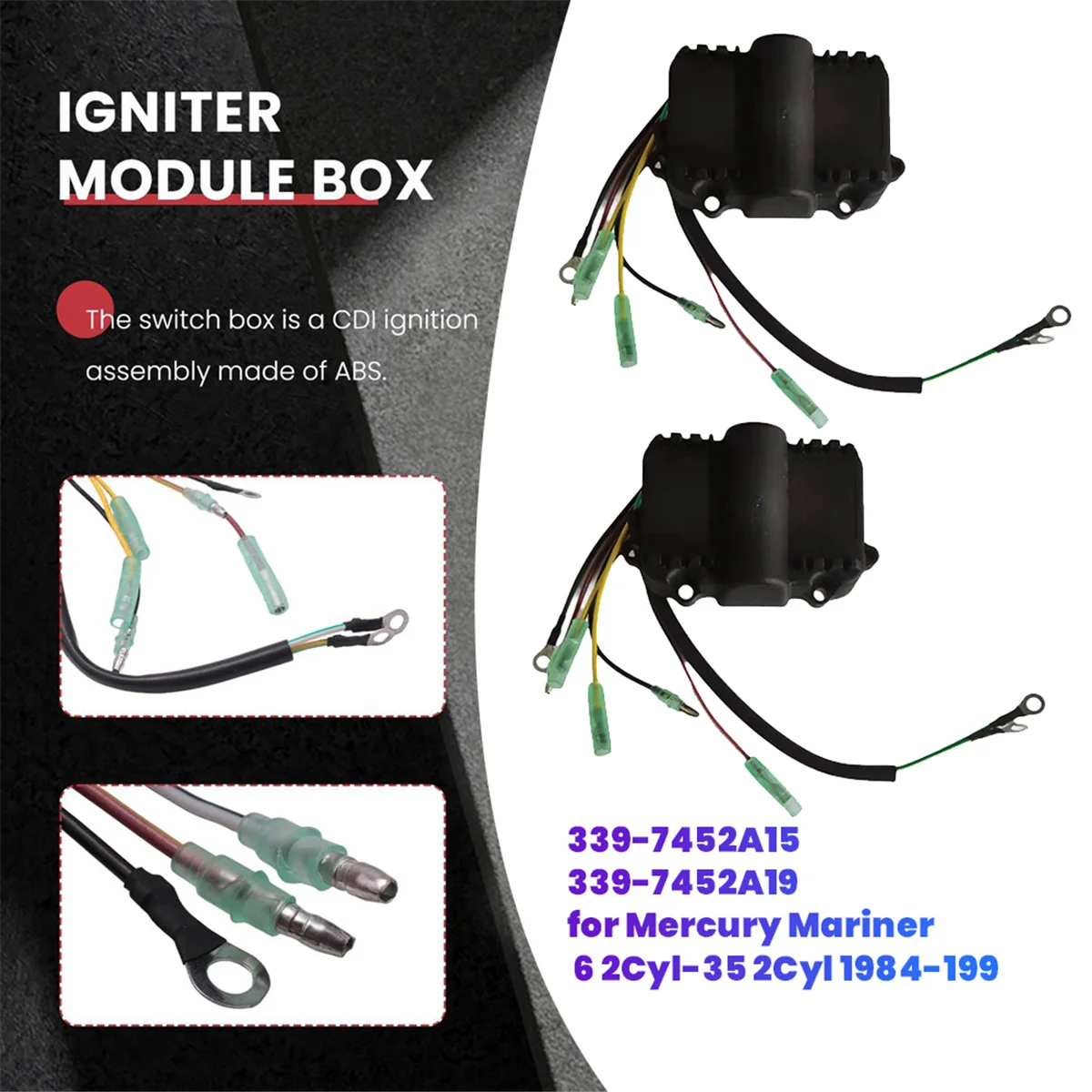 2Pcs Outboard Switch Box CDI Power Pack 339-7452A15 339-7452A19 for Mercury Mariner 6 2Cyl-35 2Cyl 1984-1998 6Hp-35Hp