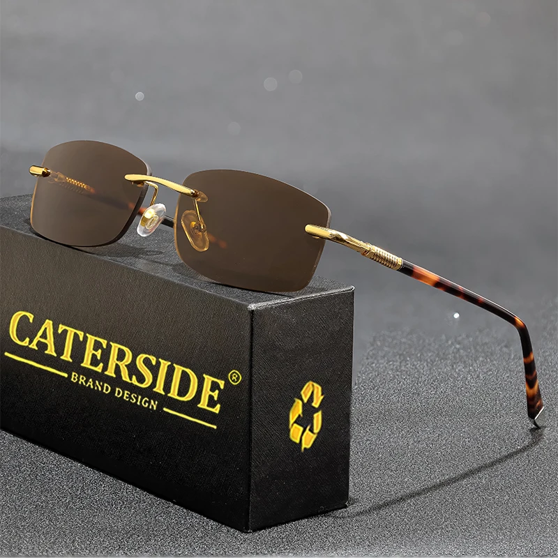 CATERSIDE Fashion Square Rimless Sunglasses Men Retro Acetate Temple High-Quality Sun Glasses for Women Travel Festival Eyewear