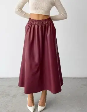 

2025 Autumn/winter Fashion New Leather Skirt Wine Red Velvet Artificial Leather A-Line High Waist Skirt