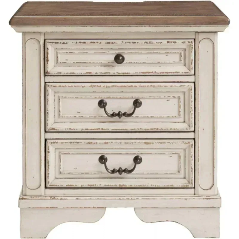 PMD4-애슐리 리엘린의 시그니처 디자인 프렌치 컨트리 3서랍형 나이트스탠드(전기 콘센트 및 USB 포트 포함), 칩드 화이트,