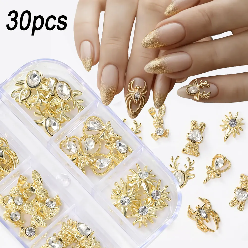 6 Gitter 30 Stück Legierung Gold Elch Spinne Bär Hase Nagel-Diamanten Glänzende Klare Strasssteine Nagel-Charms Sternenlicht Nagelschmuck E3@