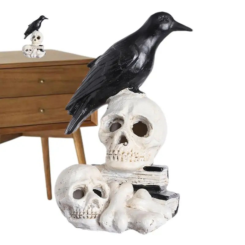 Halloween Raven On Skull Desktop Ornaments Gothic Crow On Skull Statue, Bird Perching On Skeleton Figurine Ossuary Sculpture