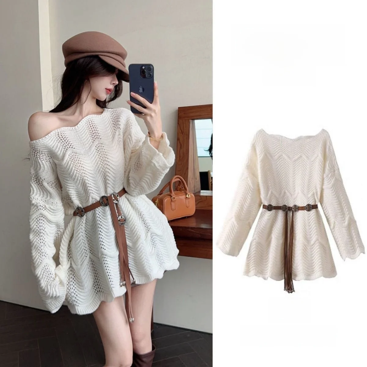 

Slimming Knitted Sweater with Belt Hollow out Long Sve Ethnic Sle Loose Fit Women's Faion Spring New plus Size Top