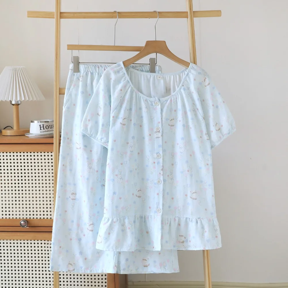Summer Button Down Tops with Shorts Pijama Soft Sleepwear Lounge Wear Thin 2 Piece Set Loungewear Suit Night Wear for Ladies