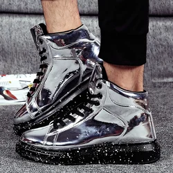 Fashion Silver Glitter Unisex Platform Sneakers 2024 Spring Comfort Lace-up Men High Top Sneakers Leather Anti-slip Men Boots