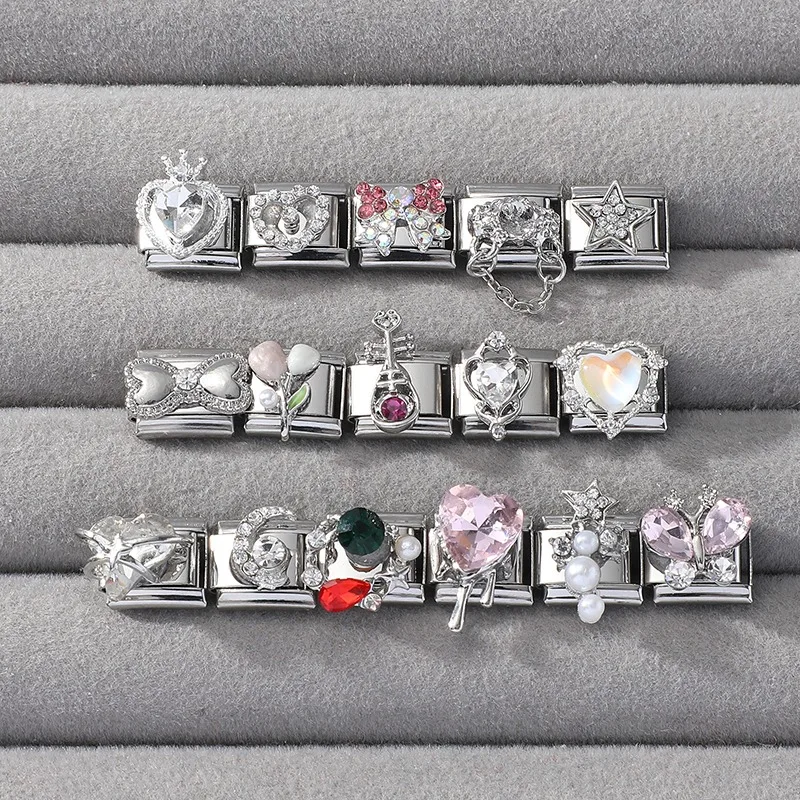 Brilliant Zircon Love Heart Bow Butterfly Stars Italian Charm Links Fit 9mm Stainless Steel Bracelet Women Jewelry DIY Making image 6