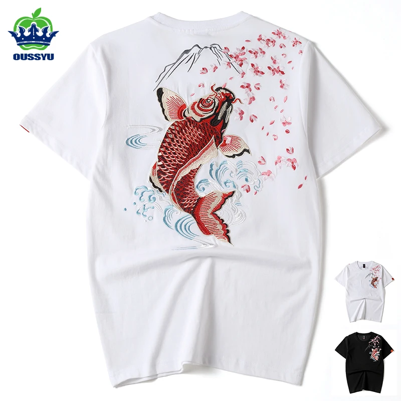 Summer Embroidery Brocaded Carp Men's T-shirt White 100%Cotton Hip-Hop Harajuku Thin Loose Short-Sleeved Tops Male Plus Size