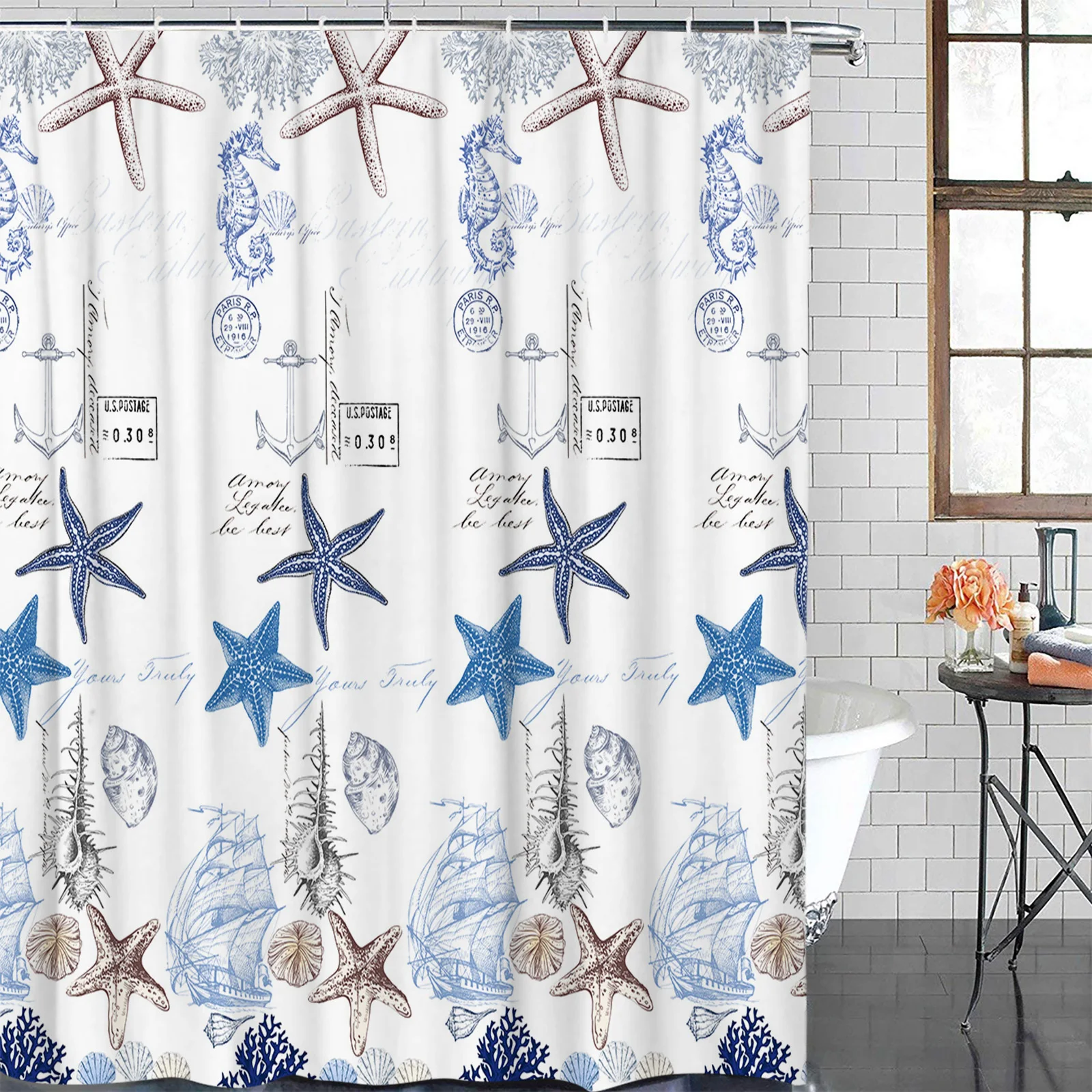 Marine Texture Seashells Starfish Seahorse Waterproof Bathroom Decor Shower Curtain Print Bathtub Curtains Bathroom Accessories