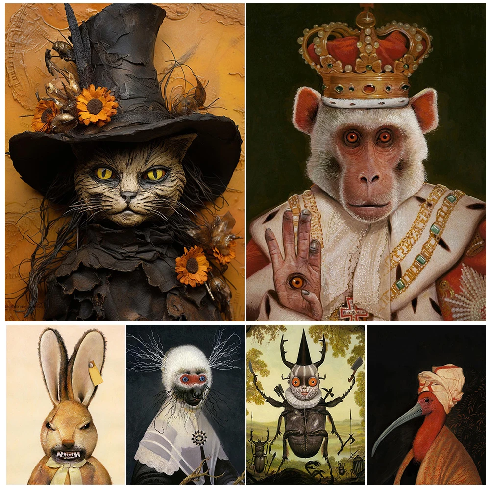 

The Monkey King And The Black Cat Witch Vintage Wall Art Canvas Painting Victorian Mysterious Animal Portrait Art Poster Print