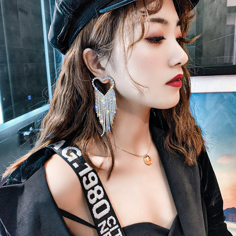 Fashion Long Tassel Rhinestone Drop Earrings for Women Black Heart Crystal Dangle Earring Statement Jewelry