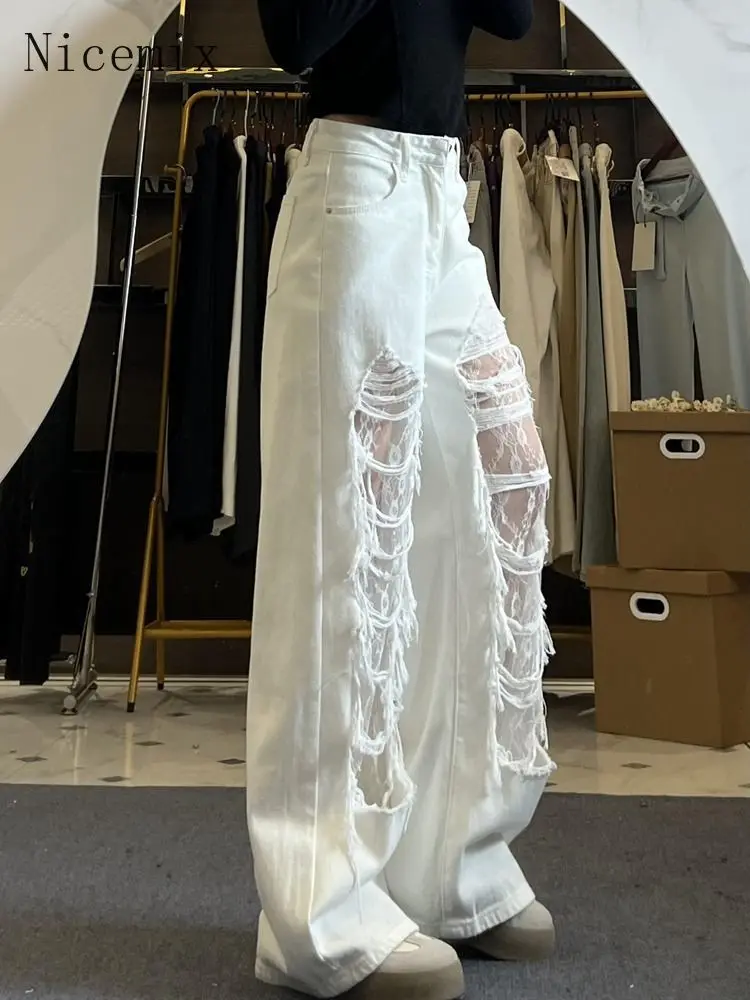 Trendy Lace Patchwork High Waist Ripped Jeans for Women