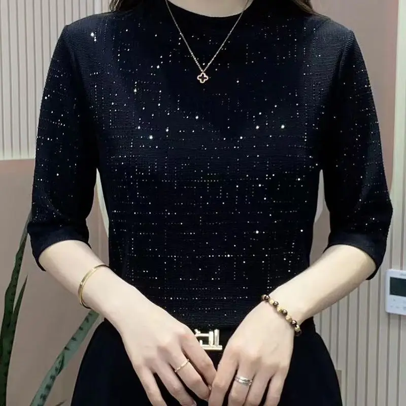 Korean Fashion Women Half Sleeve T-shirt Spring Summer New Solid Rhinestone Pullover Bottoming Y2K Vintage Casual Slim Tops 2023