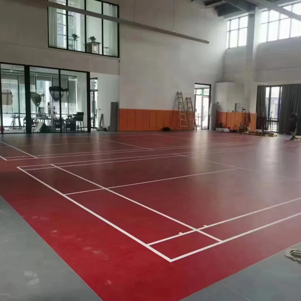 

Beable Indoor 4.5mm 5.0mm BWF Badminton Sand Pattern Court Red Color PVC Vinyl Flooring With Logo White Lines