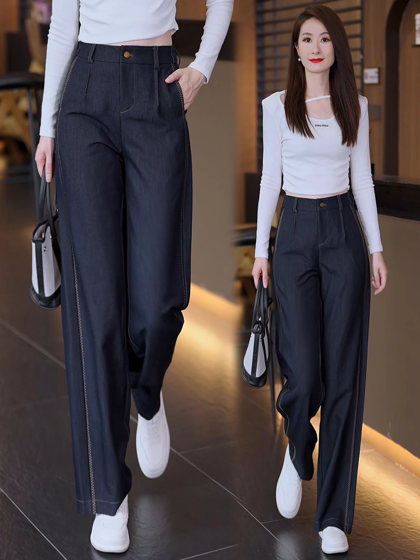 

High Waist Wide Leg Pants Women's Casual Loose Fitting Denim Style Spring Autumn New Arrival Straight Cut Slimming Trousers