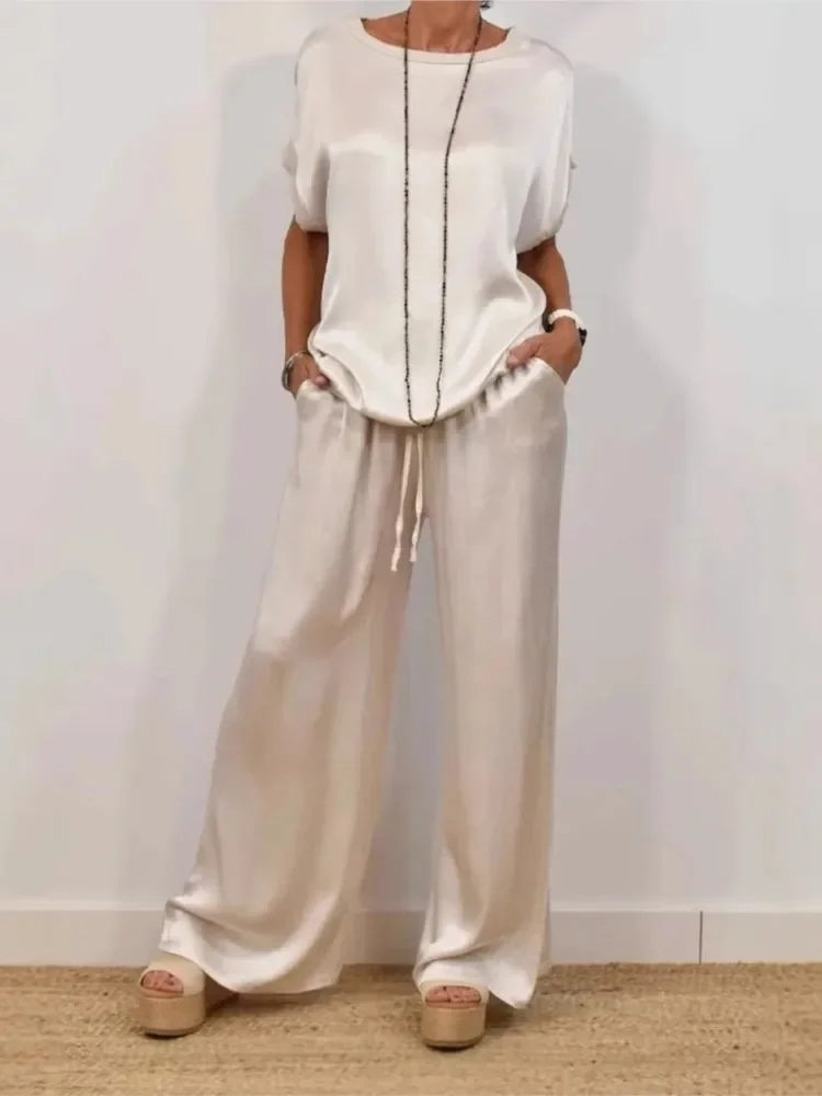 

New Sets For Women Summer Fashion Solid Color Satin Two Piece Set O Neck Short Sleeve Top Pants Casual Loose Outfits Female