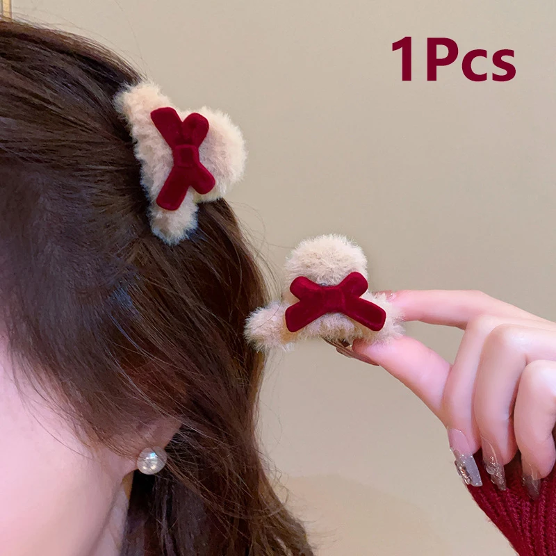 Elegant Plush Bow Hair Claw Clips For Women Girls Winter Fluffy Plush Small Shark Clamp Hair Clip Headwear Hair Accessories