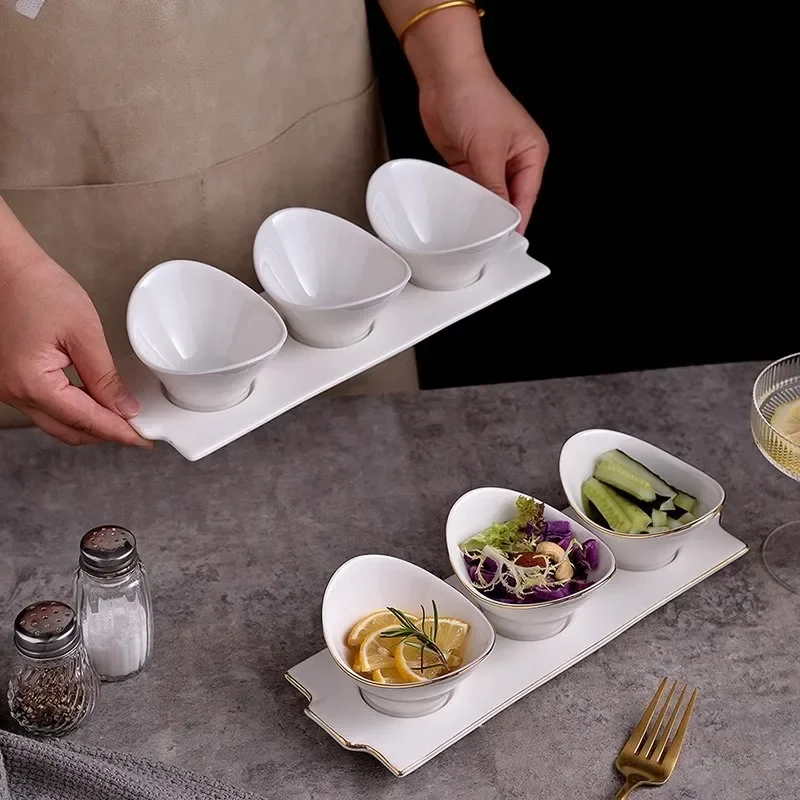 White Ceramic Three-grid Appetizer Plate Hotel Cold Dish Serving Tray Small Side Dish Platter For Banquet Tableware Supplies