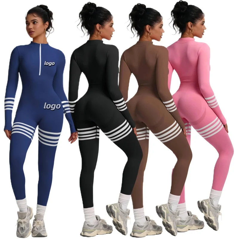 

Женский бесшовный полосатый костюм для йоги, топ на молнии с длинными рукавами и брюки, комбинезоны для тренажерного зала, фитнеса, костюм для йоги, корректирующее белье