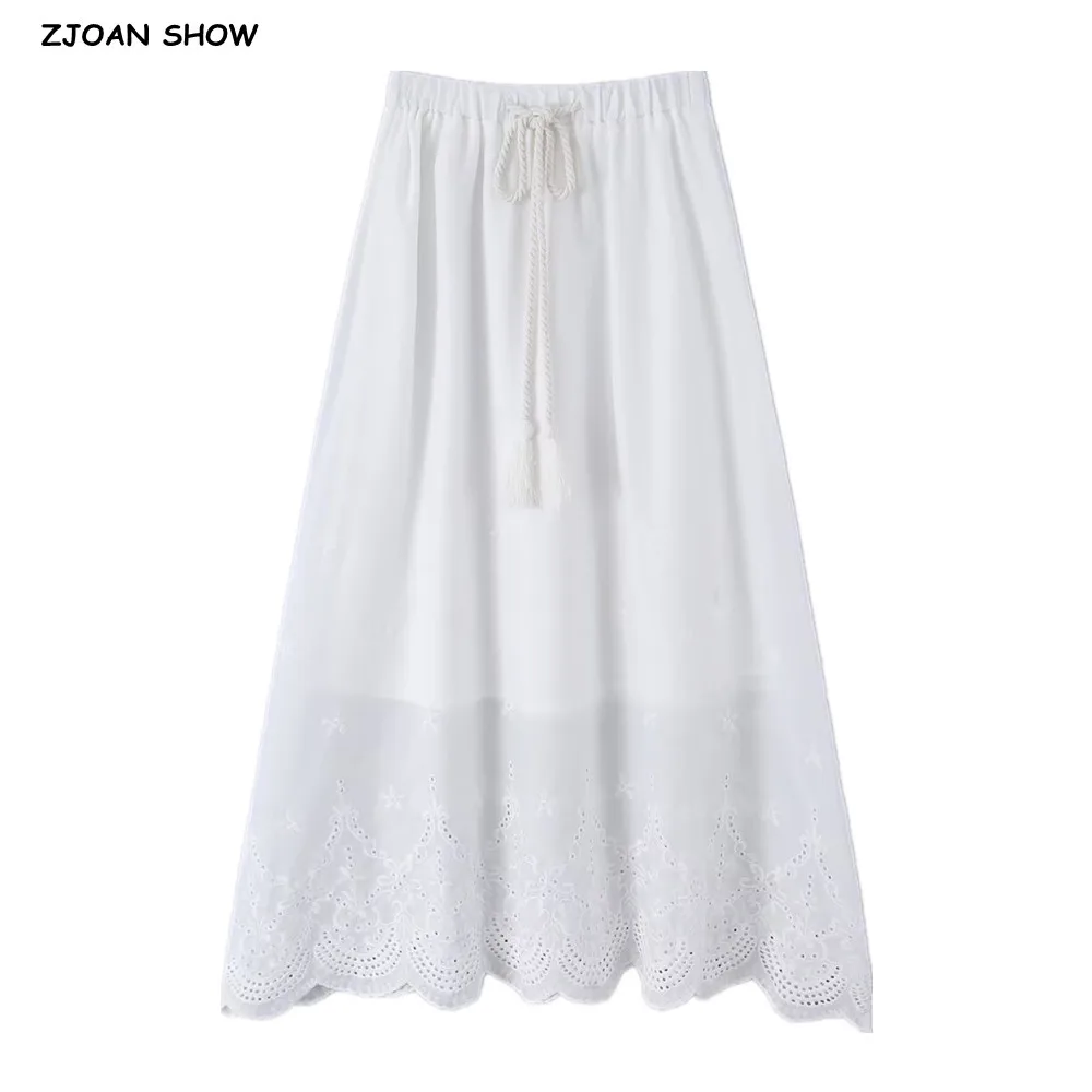 Women Holiday White Embroidery Hollow Out Hole Flower Elastic Waist Ankle Length Long Skirt Wave edged Asymmetry A-lined Skirts
