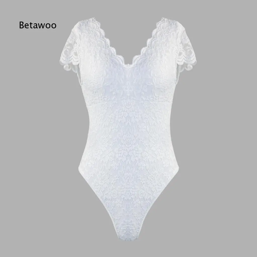 Solid Color V Neck Lace Trim Sheer Open Back Bodysuit For Women Slim Fit Delicate Aesthetic Sexy Garment For Daily Wear And Out