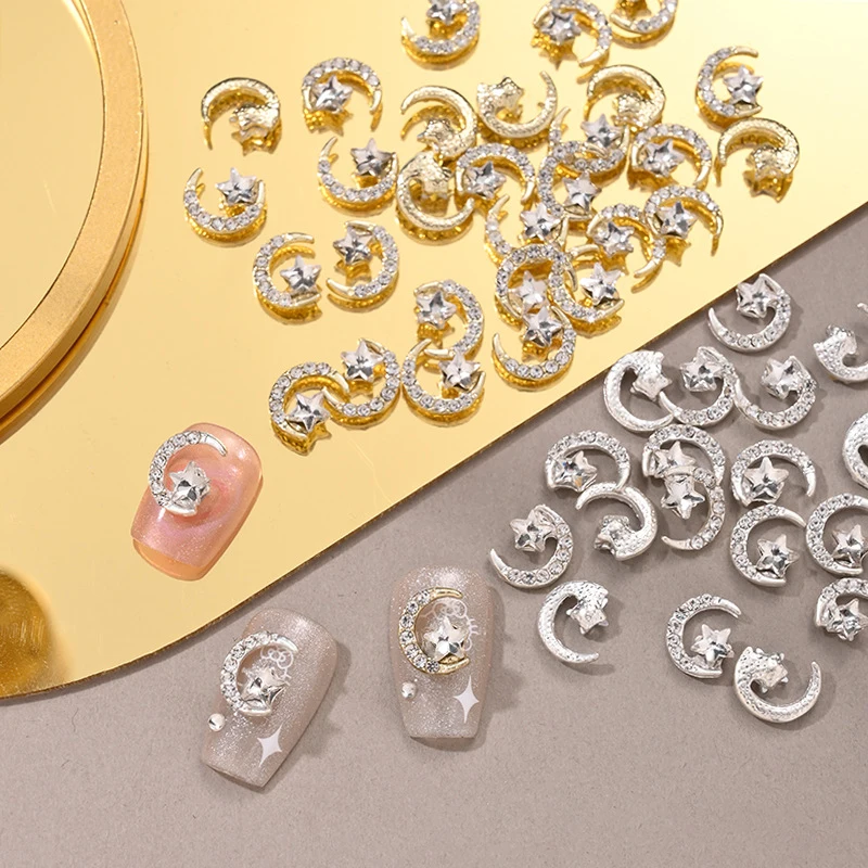 10 قطعة نجمة القمر مسمار السحر الذهب والفضة الفاخرة الماس مرصع الراين رسومات أظافر الديكور DIY بها بنفسك سبيكة مانيكير اكسسوارات