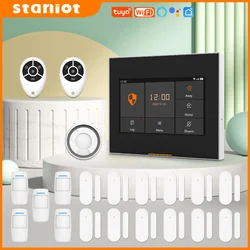 Staniot WIFI versão tuya wi fi sem fio inteligente casa kits sistema de alarme segurança compatível com alexa e google casa，Com interface de operação em português，Suporte IOS e Android APP Remote Control