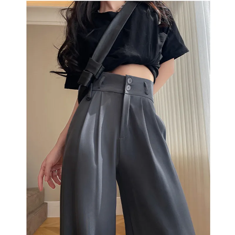 

Women High Waist Loose Wide Leg Suit Pants Summer Autumn Female Vintage Gray Thin Pants Ladies Streetwear Baggy Trousers