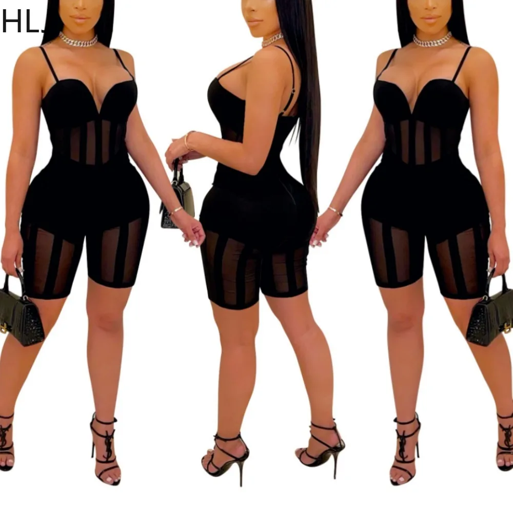 HLJ Sexy Hollow Out Bodycon Rompers Women Deep V Strap Sleeveless Skinny Shorts One Piece Jumpsuits Fashion Nightclub Overalls