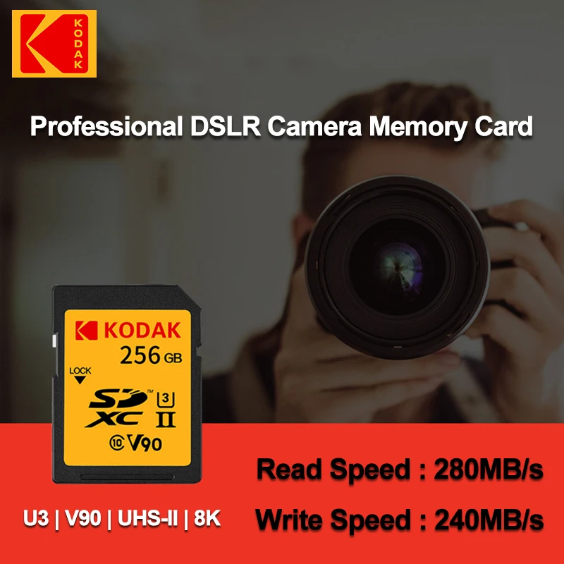 

Kodak SD Card For Professional DSLR Camera Ultra-high Speed 280Mb/s Efficient Storage SD Memory Card U3 V90 UHS-II Support 8K