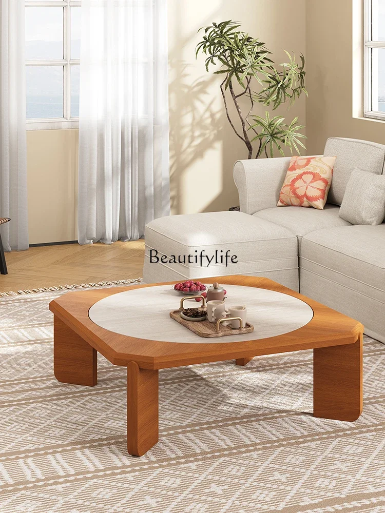 

ld14 French retro medieval teak veneer round coffee table modern simple