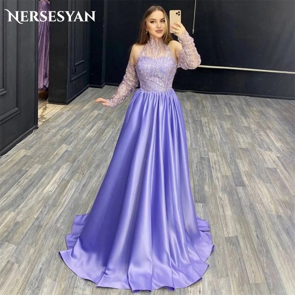 

Nersesyan Fluorescent Violet Glitter Formal Evening Dresses Shiny Lace Halter A-Line Prom Dress Off Shoulder Sparkly Party Gowns