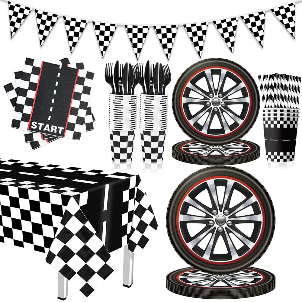 Racing Car Wheel Party Supplies Paper Plates Napkins Cups Plastic Cutlery Tablecloth Checkered Banner Racing Sports Themed Decor