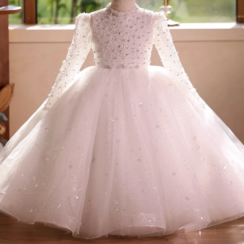 Girls Long Sleeve Princess Party Dress Children Performance Fashion Show Pageant Formal Flower Girl Wedding Gown for Host Piano