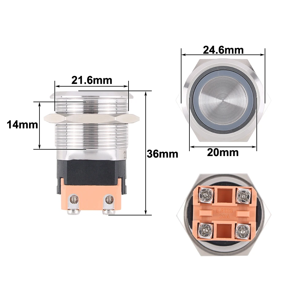 22mm Waterproof Metal Push Button Switches With LED/NO LED Press Button Self Reset/Self-locking 2NO Srew terminal Type 20A250vac