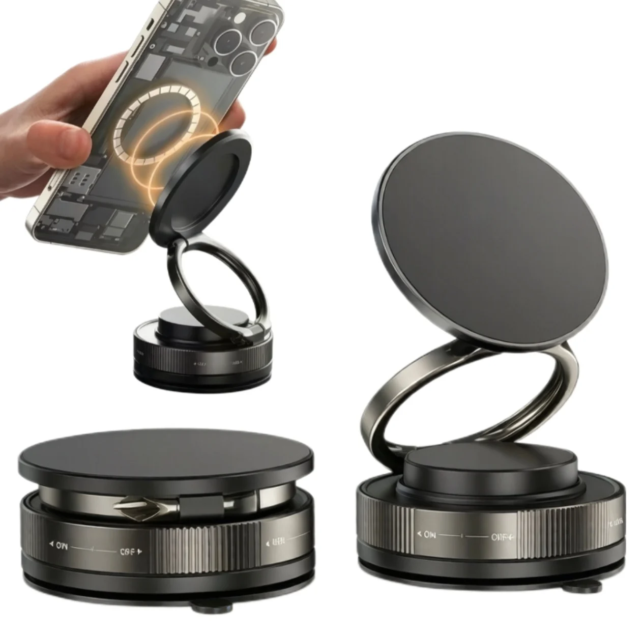 

Magnetic Foldable Phone Holder 360° Rotation Vacuum Suction Car Mount Stand Universal Bracket for Windshield Dashboard & Desk