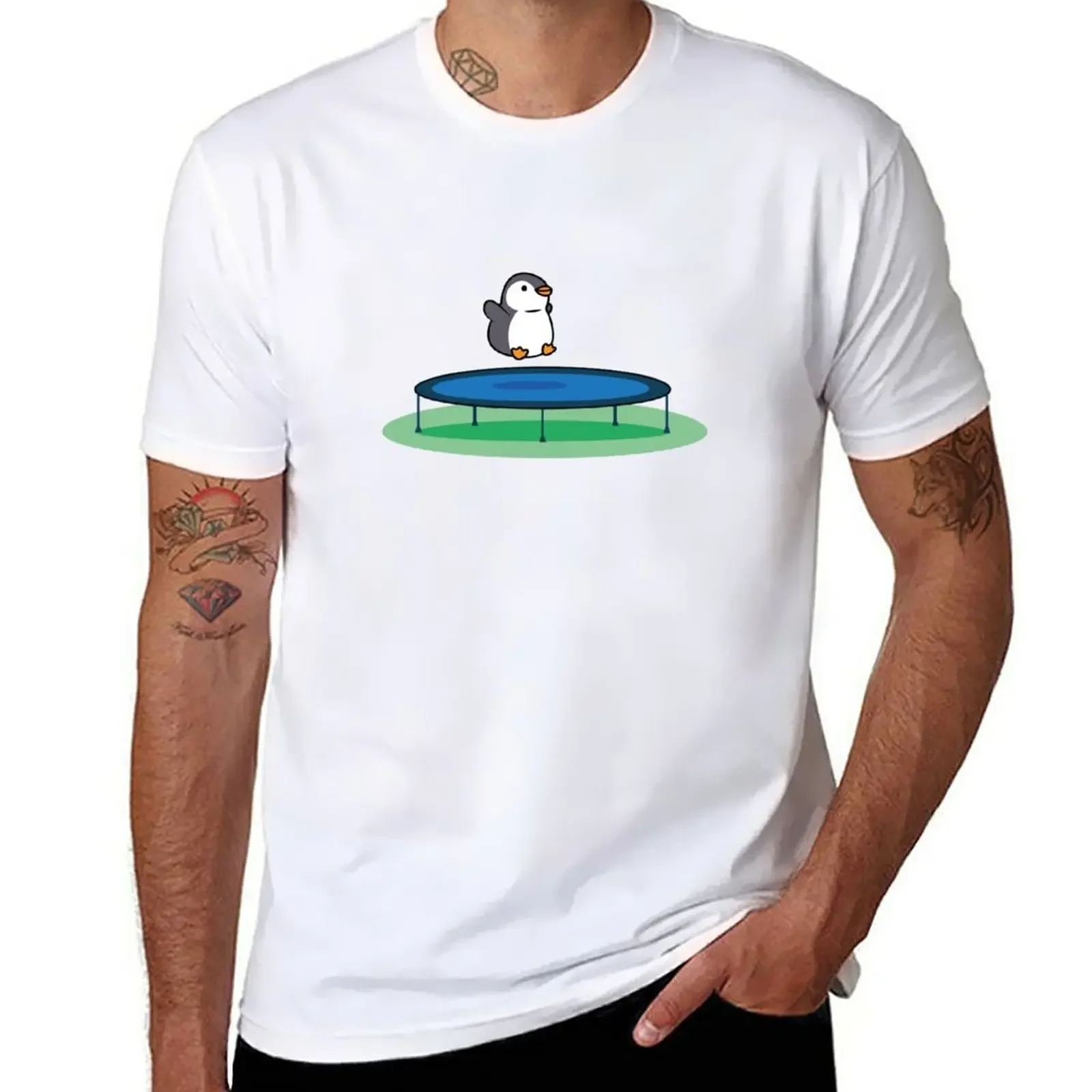 Penguin jumping on a trampoline T-Shirt heavyweights plus size tops fitted t shirts for men