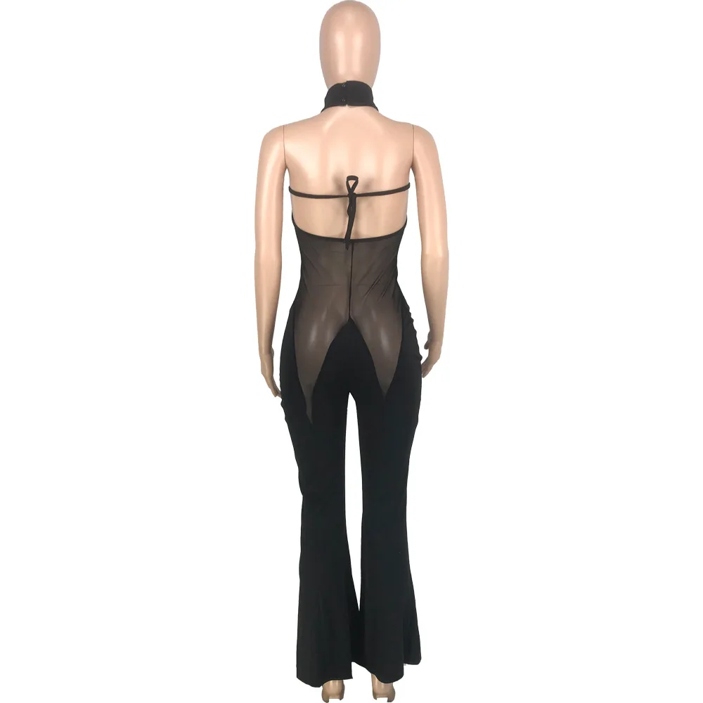 Women's Sexy Backless Flared Jumpsuits Fall Fashion Ladies Night Club Sleeveless Patchwork Mesh Bell Bottoms Jumpsuit