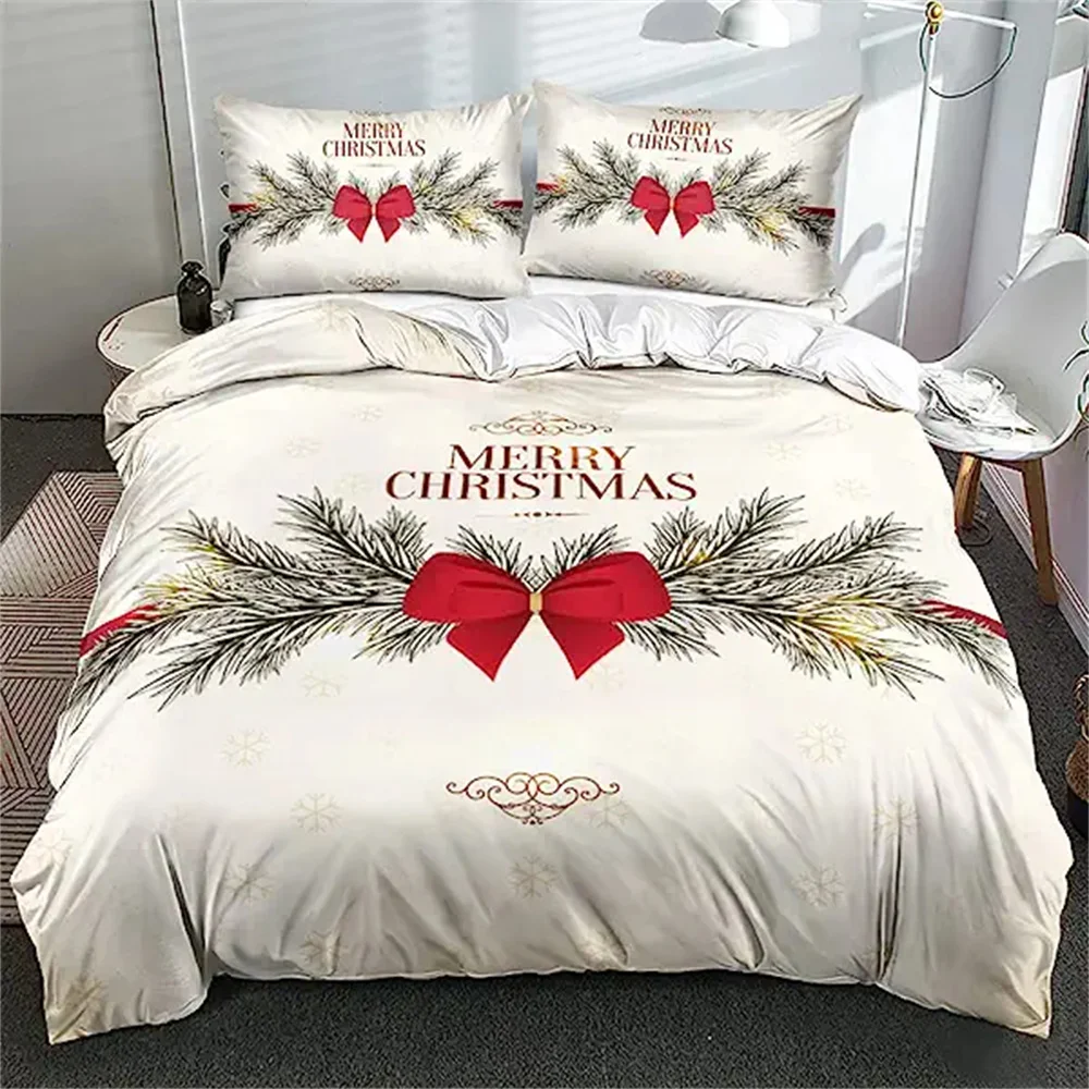 Christmas Duvet Cover Red Bow Pattern Comforter Covers Shams Buff Color Bedding Set Xmas Gift Decorations for Children Women Men