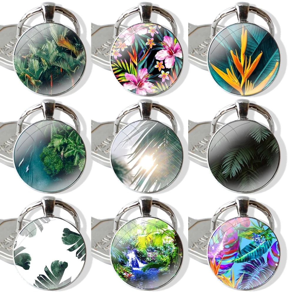 Tropical rain forest flower Keychain Handmade Glass Cabochon Key Ring Holder Pendant Key Chains