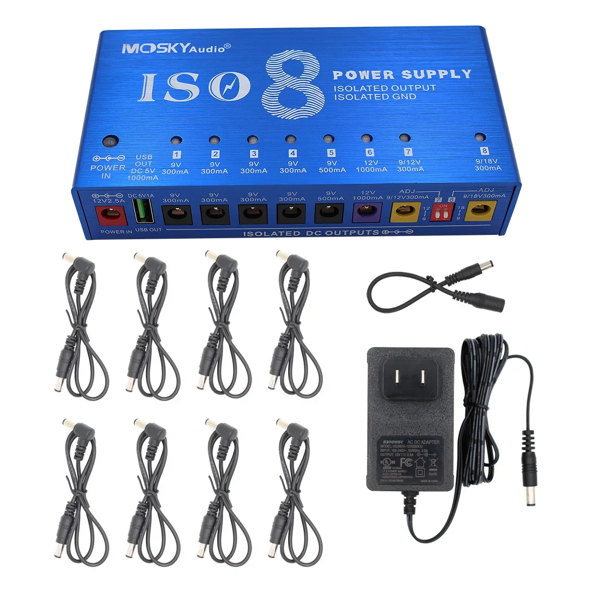 Mosky ISO-8 Guitar Effect Pedal Power Supply 8 Isolated DC Outputs/5V USB Output for 9V 12V 18V Guitar Pedal