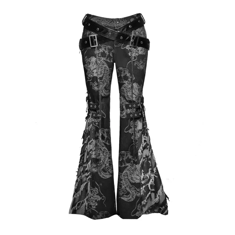 Rifornimento di sangue originale Punk Y2K Hot Girl aspetic Grunge Cowboy Jeans Black Dragon Pattern nappa Denim Horn Pants con cintura